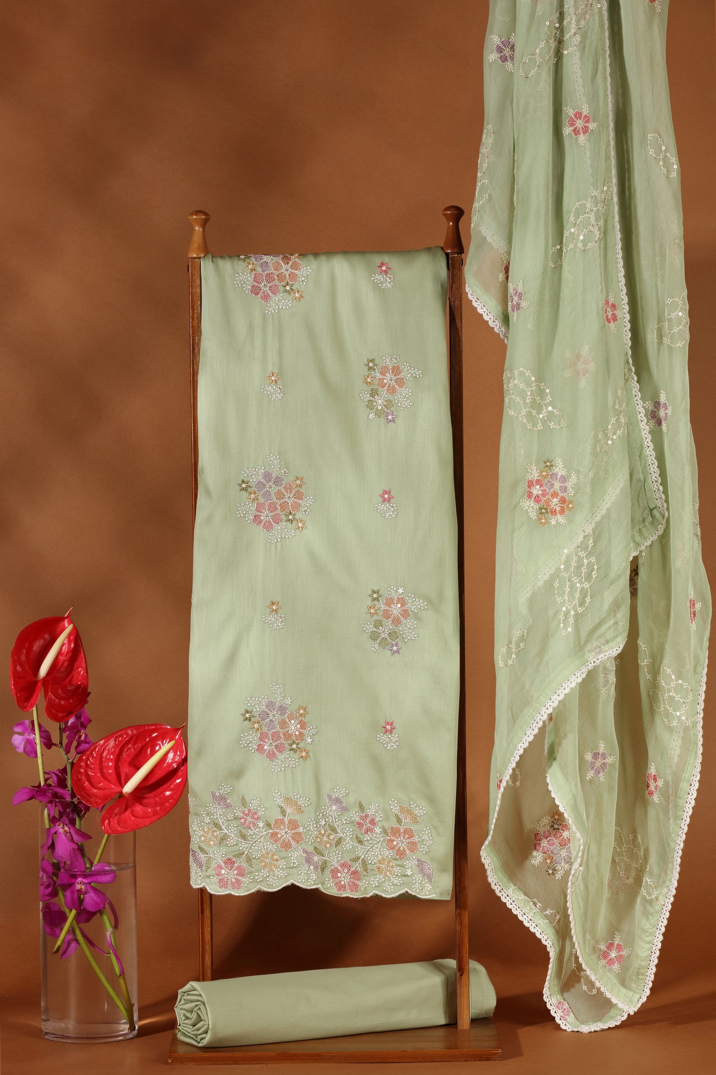 Green Kathan & Chinnon Unstitched Suit Material Dress for Women