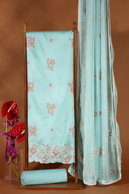 Blue Kathan & Chinnon Embroidered Semi-Stitched Dress Material Suit