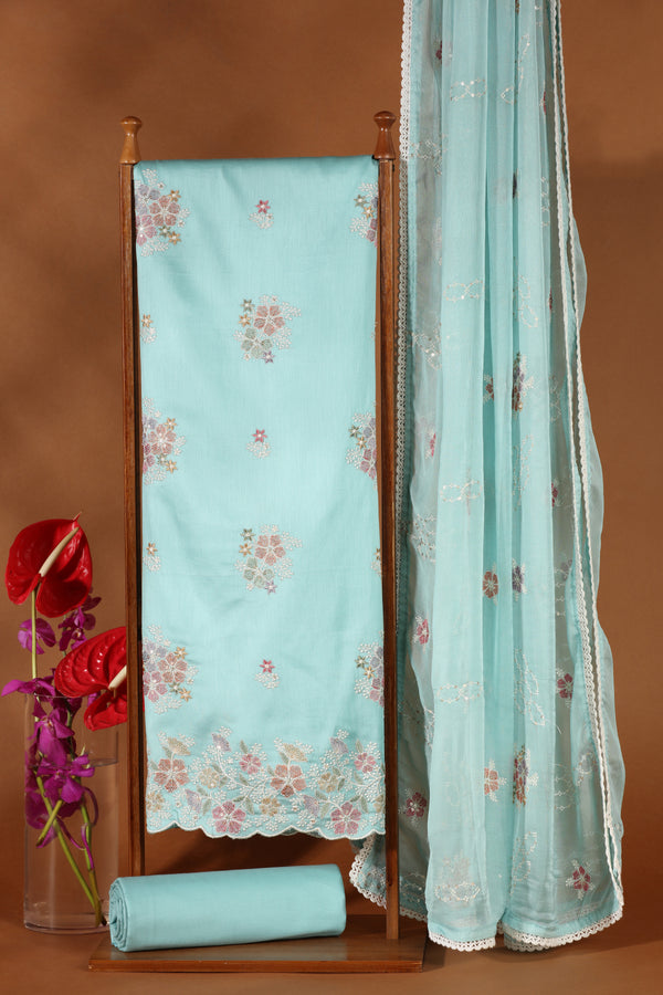 Blue Kathan & Chinnon Embroidered Semi-Stitched Dress Material Suit