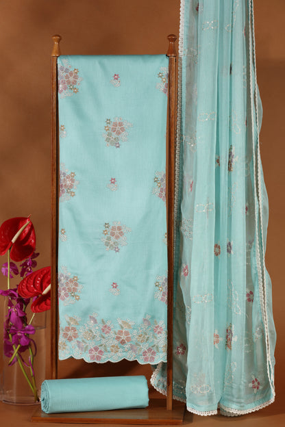Blue Kathan & Chinnon Embroidered Semi-Stitched Dress Material Suit