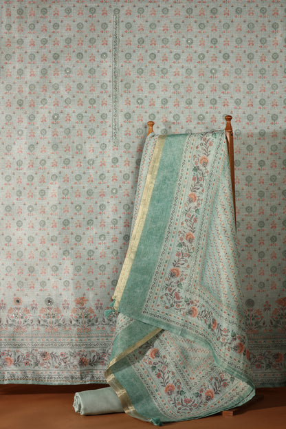 Green Printed Kathan Unstitched Dress Material Suit for Women