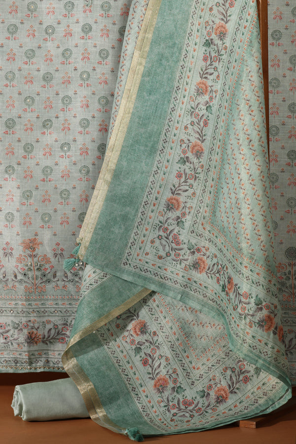 Green Printed Kathan Unstitched Dress Material Suit for Women