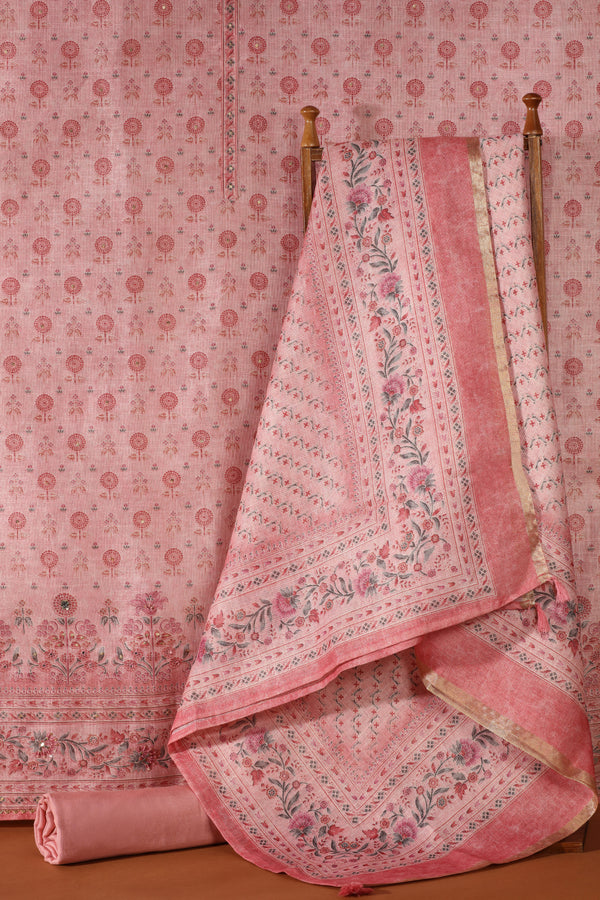 Pink Printed Kathan Silk Unstitched Dress Material Suit for Women