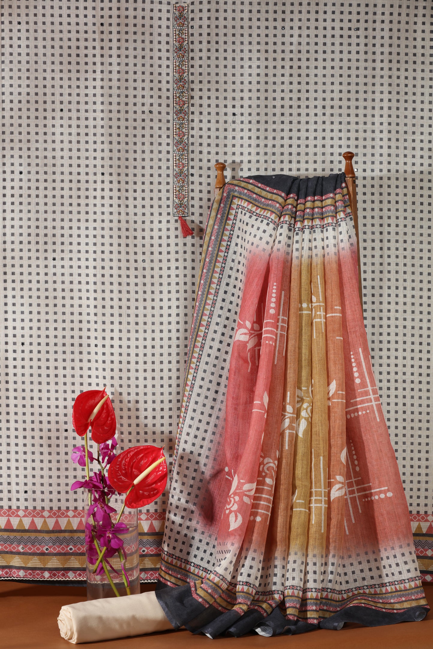 White & Gold Printed Kathan Unstitched Dress Material Suit