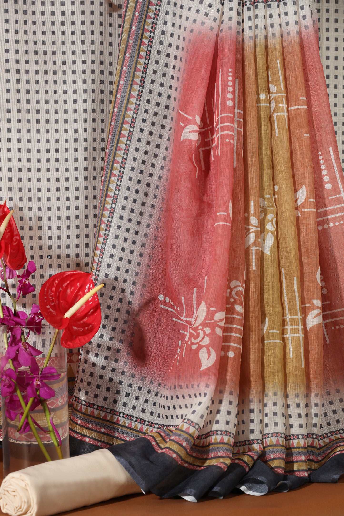 White & Gold Printed Kathan Unstitched Dress Material Suit