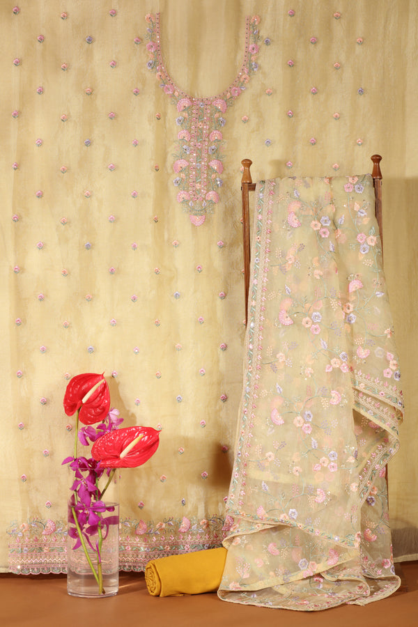 Yellow Organza & Kathan Silk Suit Set with Resham Embroidery