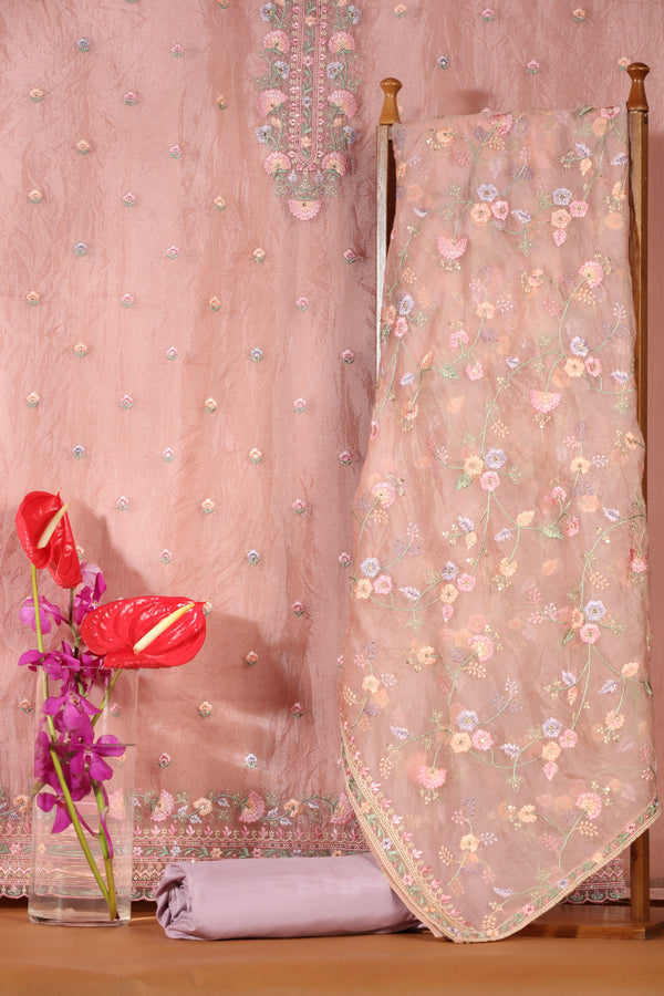 Pink Organza & Kathan Silk Suit Set with Resham Embroidery