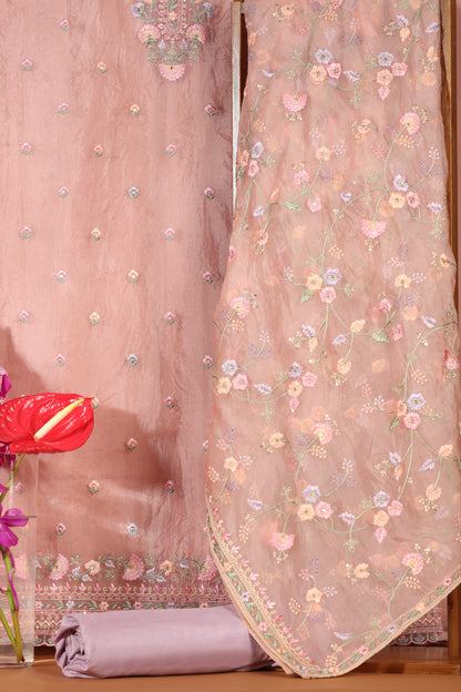 Pink Organza & Kathan Silk Suit Set with Resham Embroidery