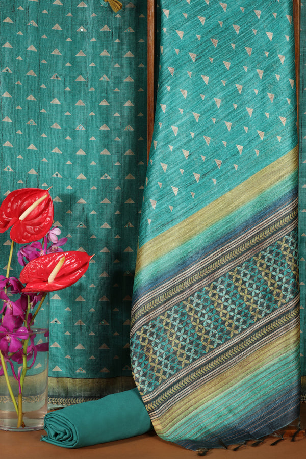Emerald Green Chanderi & Kathan Silk Printed Suit Set
