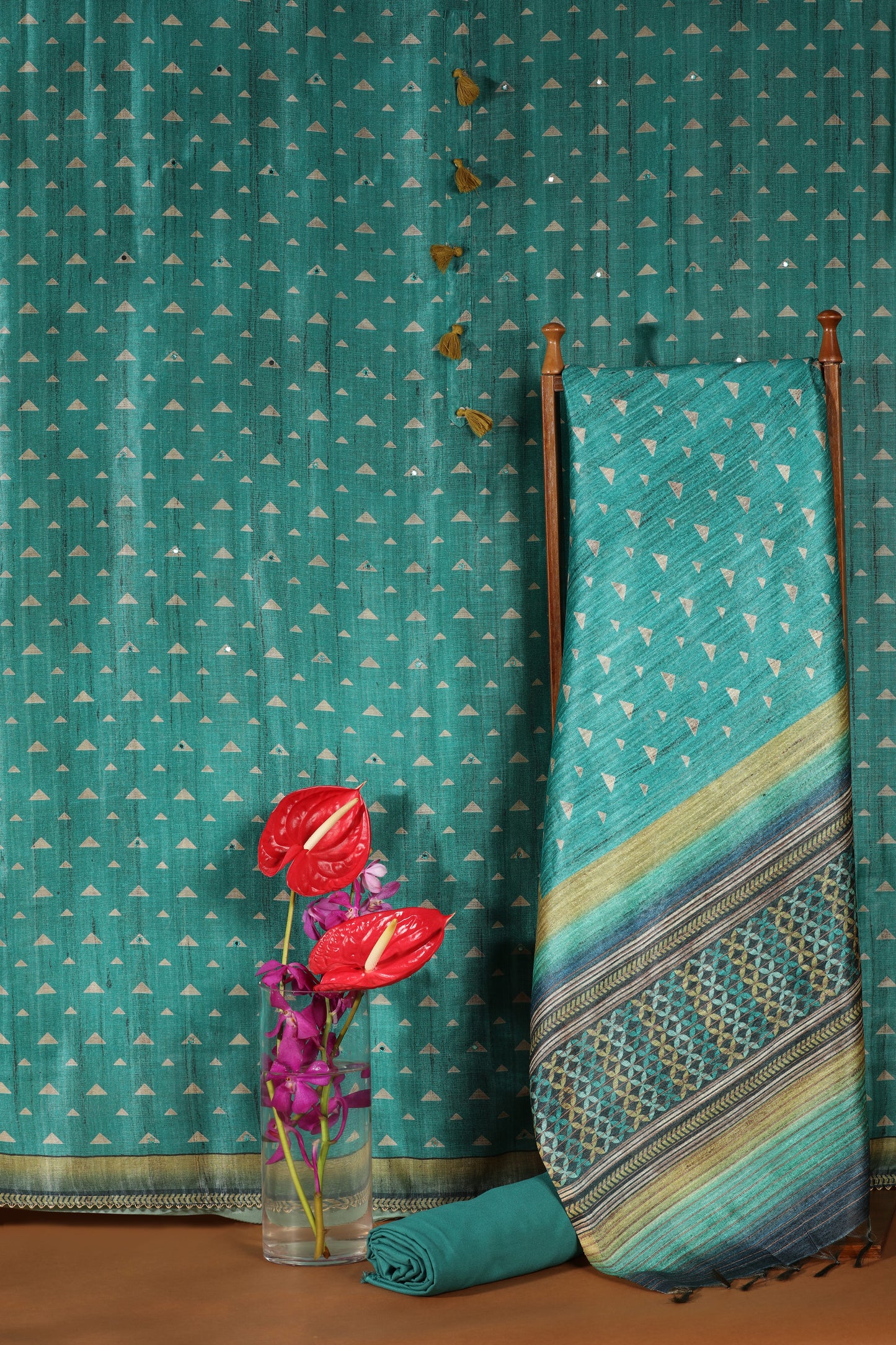 Emerald Green Chanderi & Kathan Silk Printed Suit Set