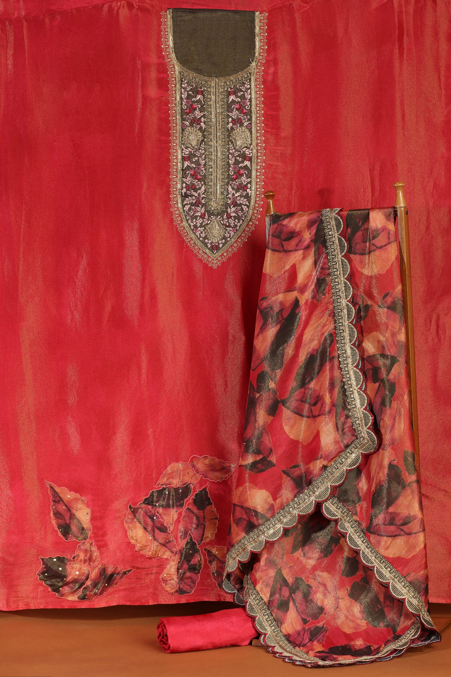 Multicolour Dupatta Embroidered Red Tissue Suit Set