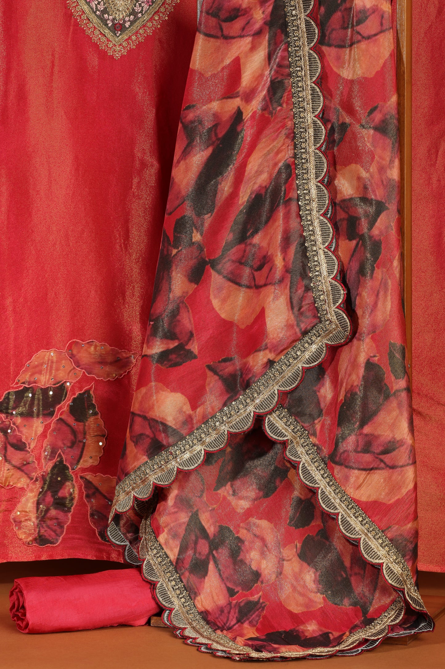 Multicolour Dupatta Embroidered Red Tissue Suit Set