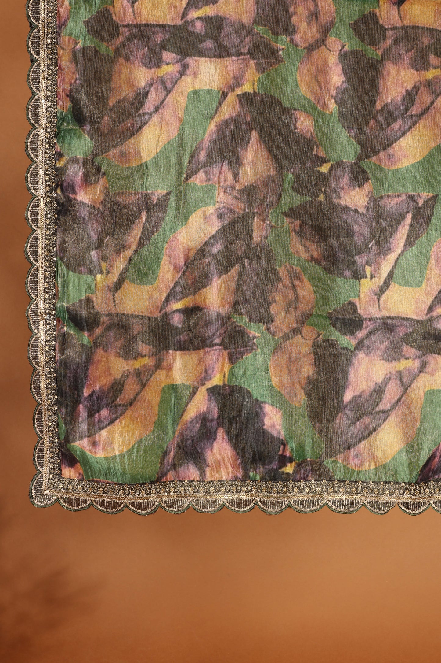Green Tissue Suit Set with Multicolour Chiffon Dupatta