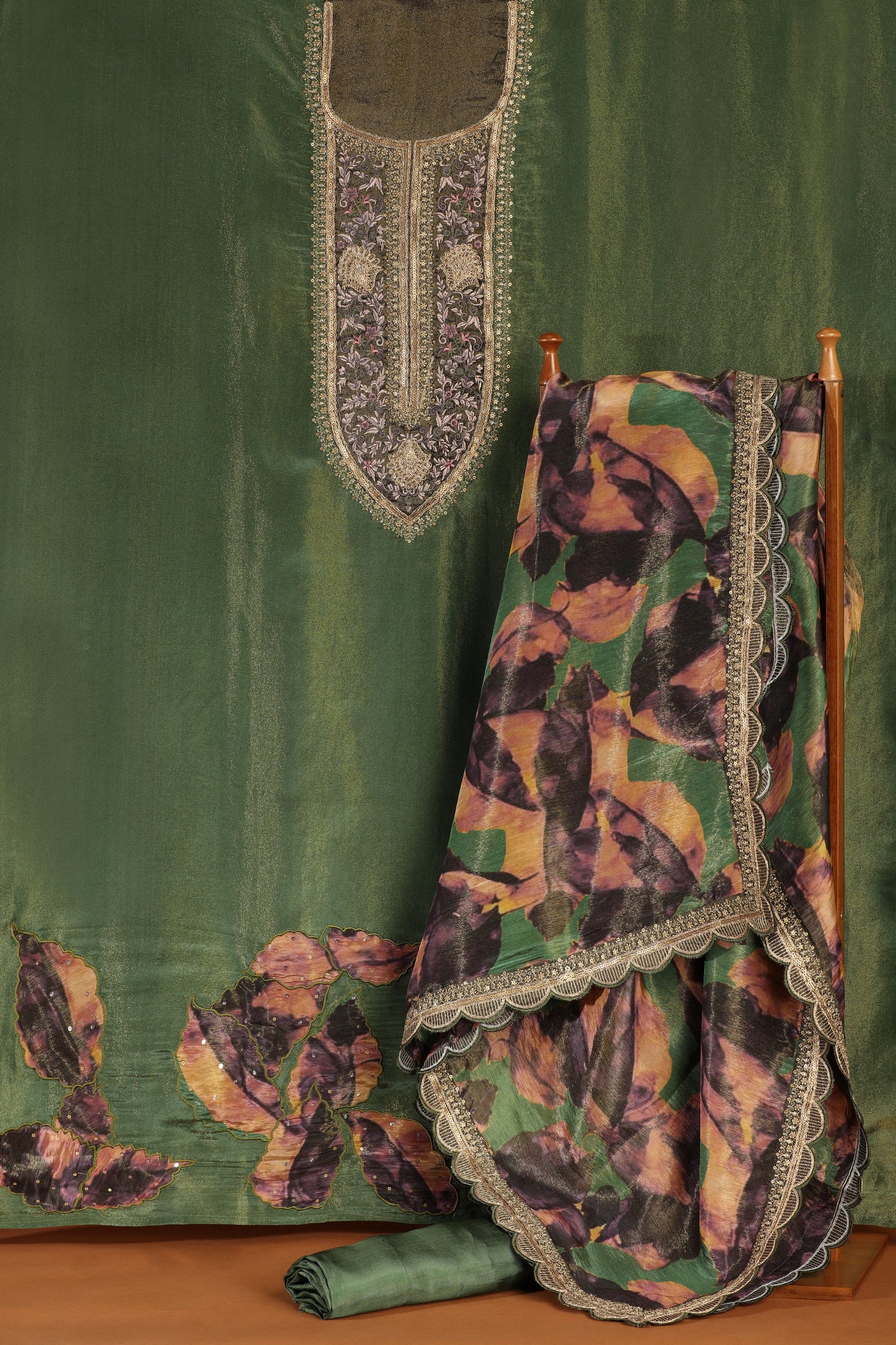 Green Tissue Suit Set with Multicolour Chiffon Dupatta