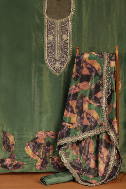 Green Tissue Suit Set with Multicolour Chiffon Dupatta