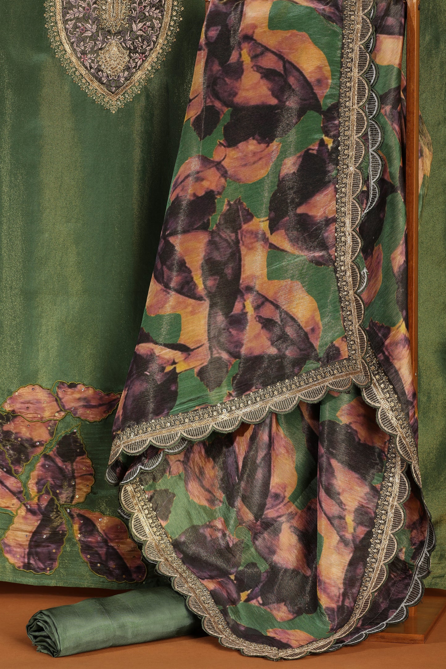 Green Tissue Suit Set with Multicolour Chiffon Dupatta