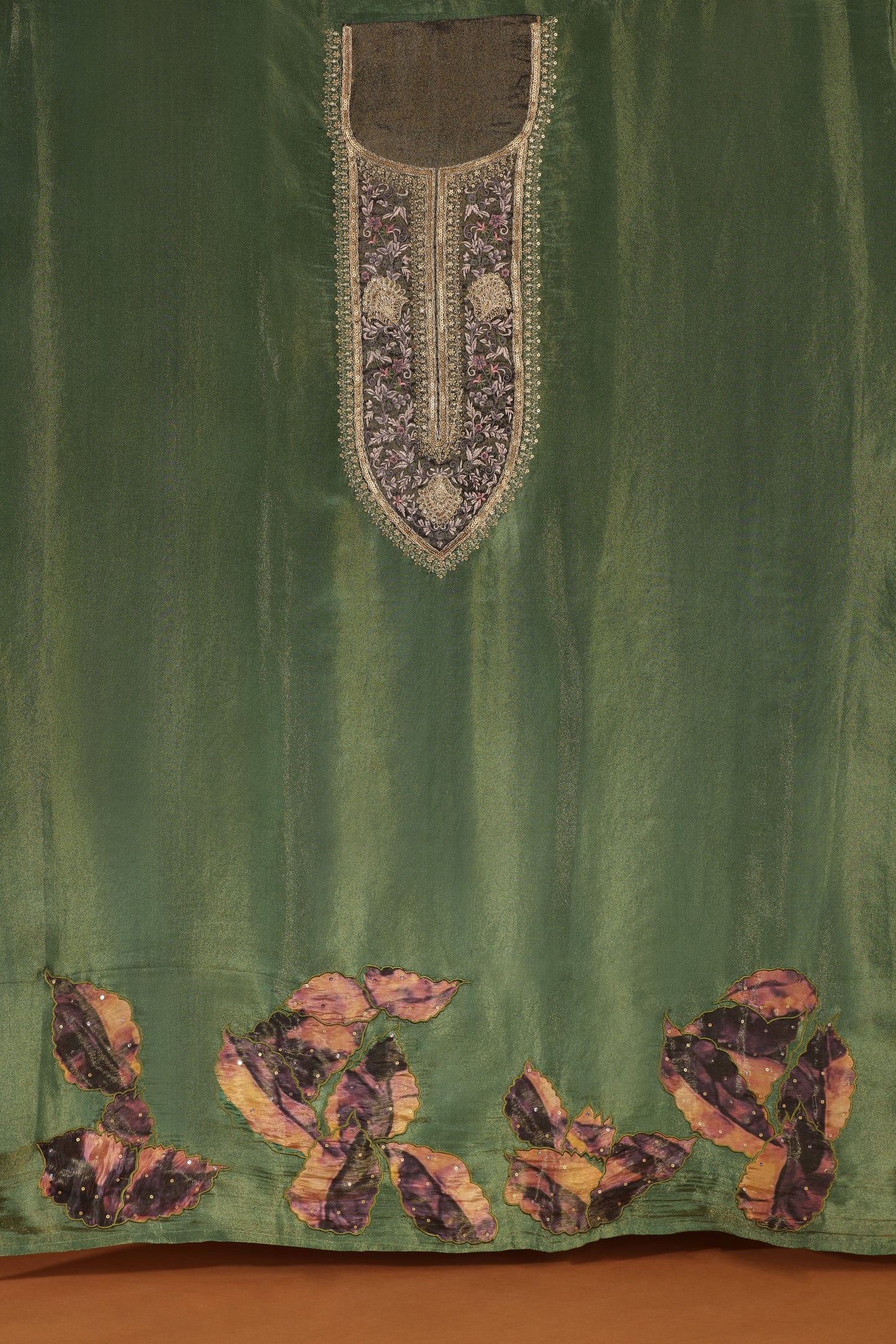 Green Tissue Suit Set with Multicolour Chiffon Dupatta