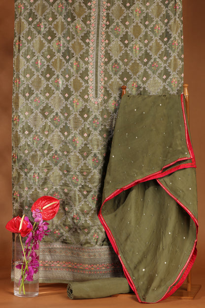 Elegant Green Printed Cotton Suit Set with Organza Dupatta