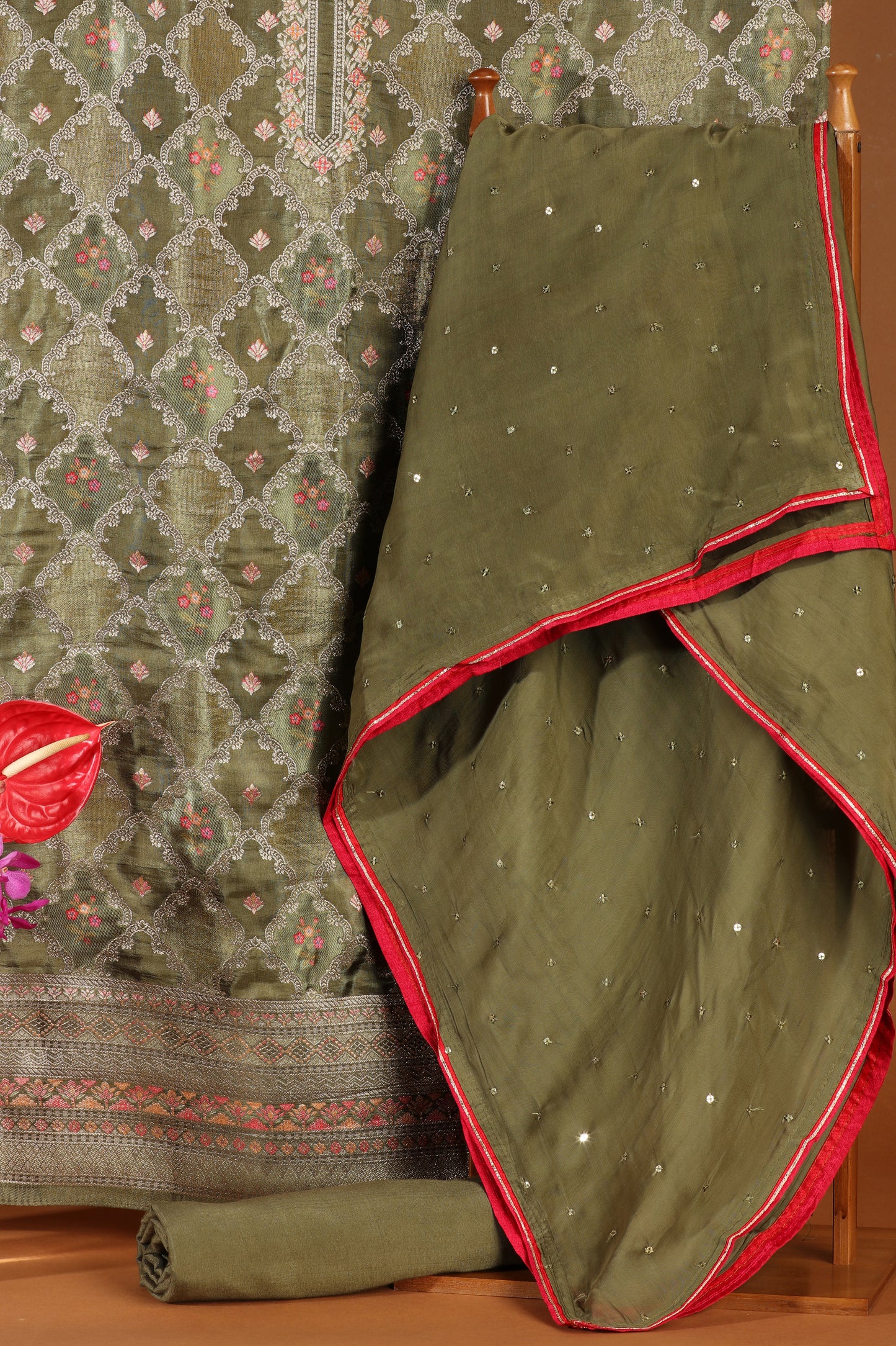 Elegant Green Printed Cotton Suit Set with Organza Dupatta