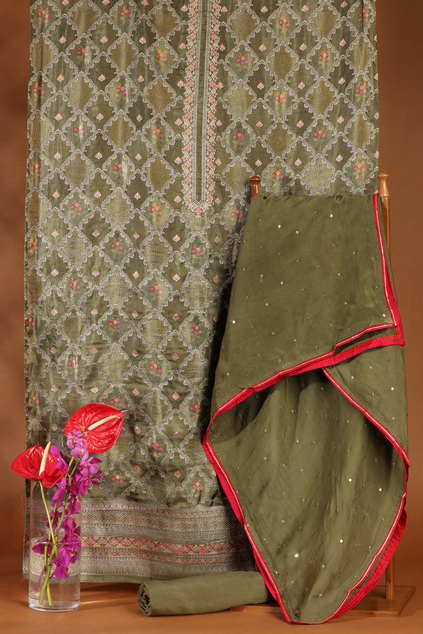 Elegant Green Printed Cotton Suit Set with Organza Dupatta