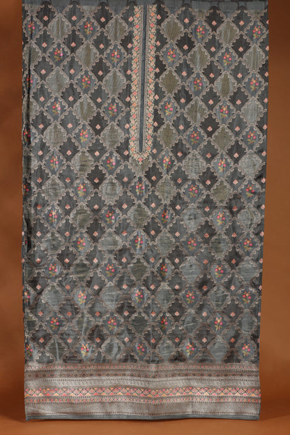 Elegant Grey Printed Cotton & Organza Suit Set