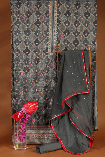 Elegant Grey Printed Cotton & Organza Suit Set