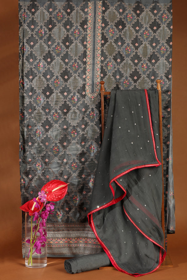Elegant Grey Printed Cotton & Organza Suit Set