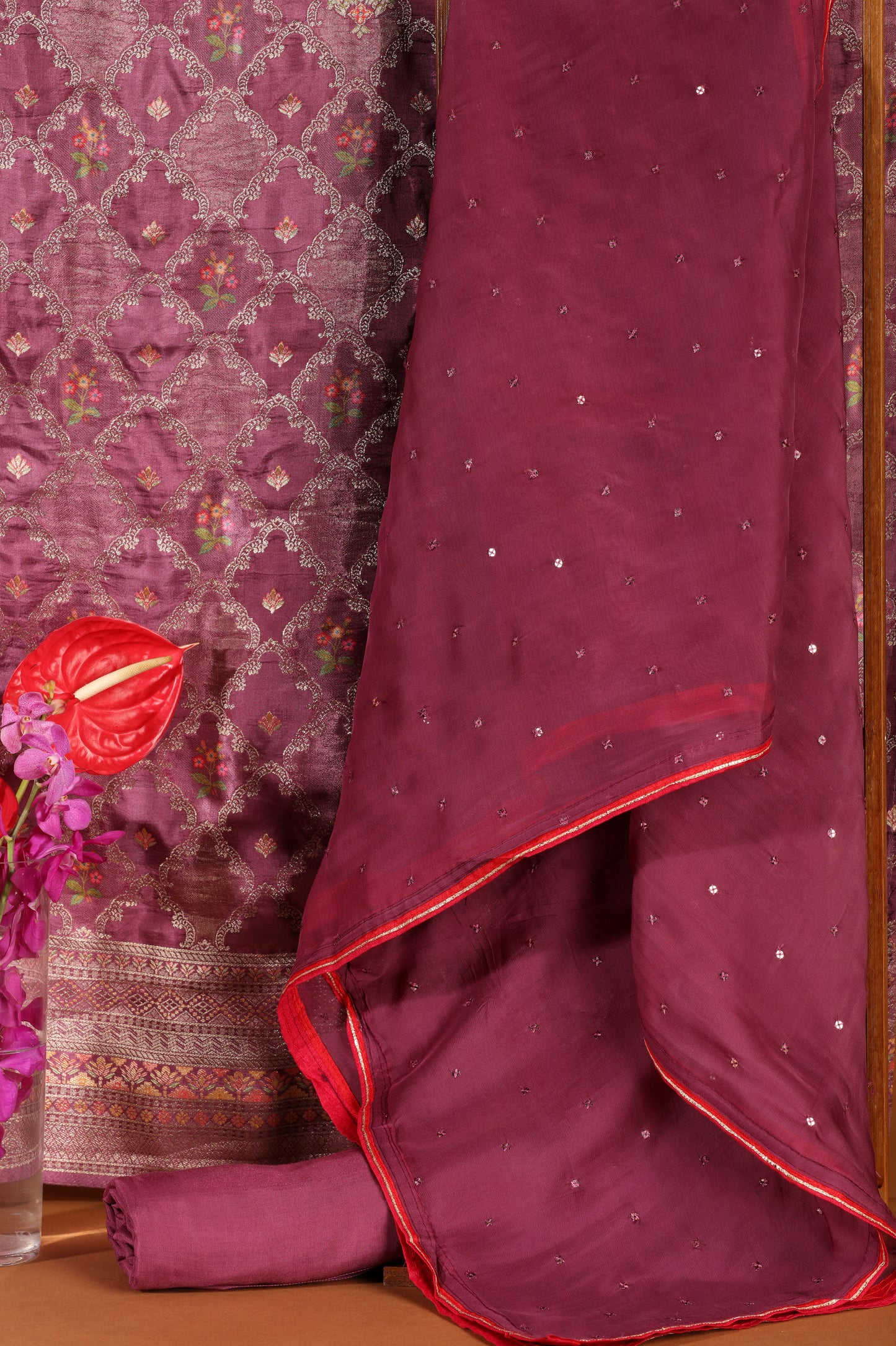 Dark Pink Cotton & Organza Suit Set with Sequin and Woven Detailing