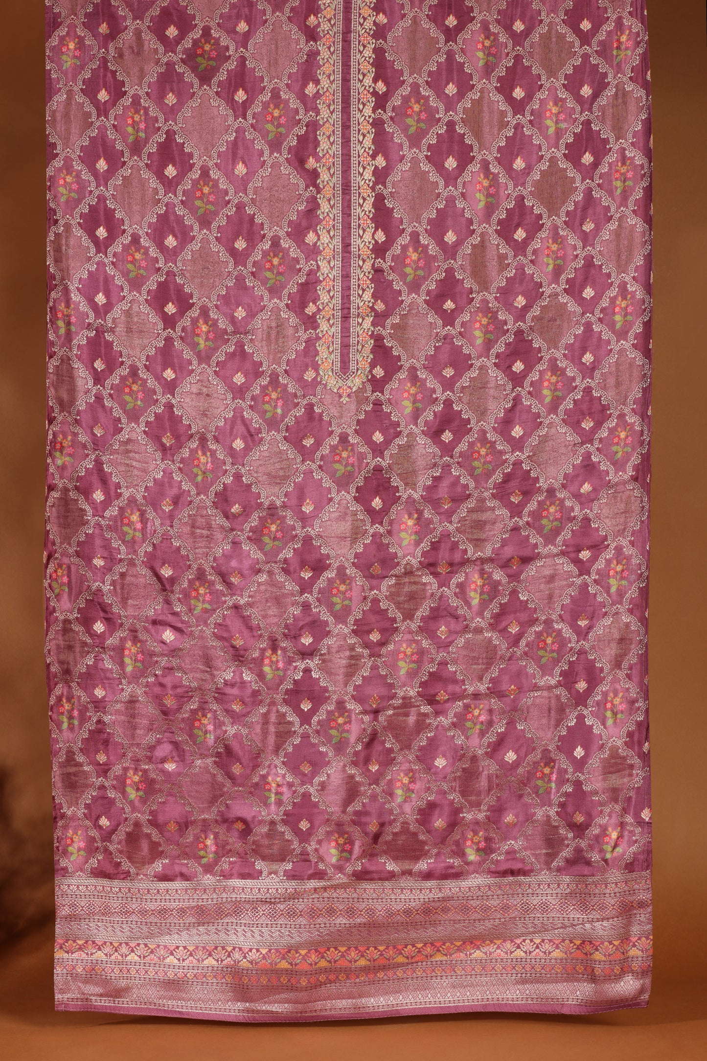Dark Pink Cotton & Organza Suit Set with Sequin and Woven Detailing
