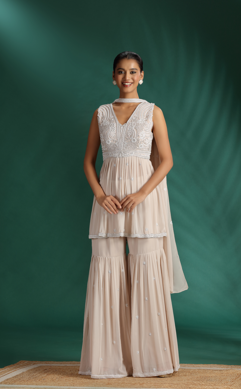 Beige Georgette Salwar Kameez with Zari & Cutdana Embroidery