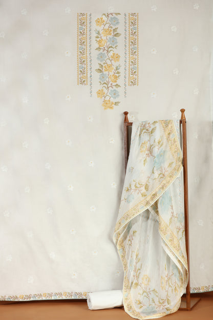 Royal Blue Embellished Cotton Suit Set with Chiffon Dupatta