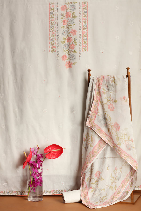 Grey Cotton Suit Set with Chiffon Dupatta