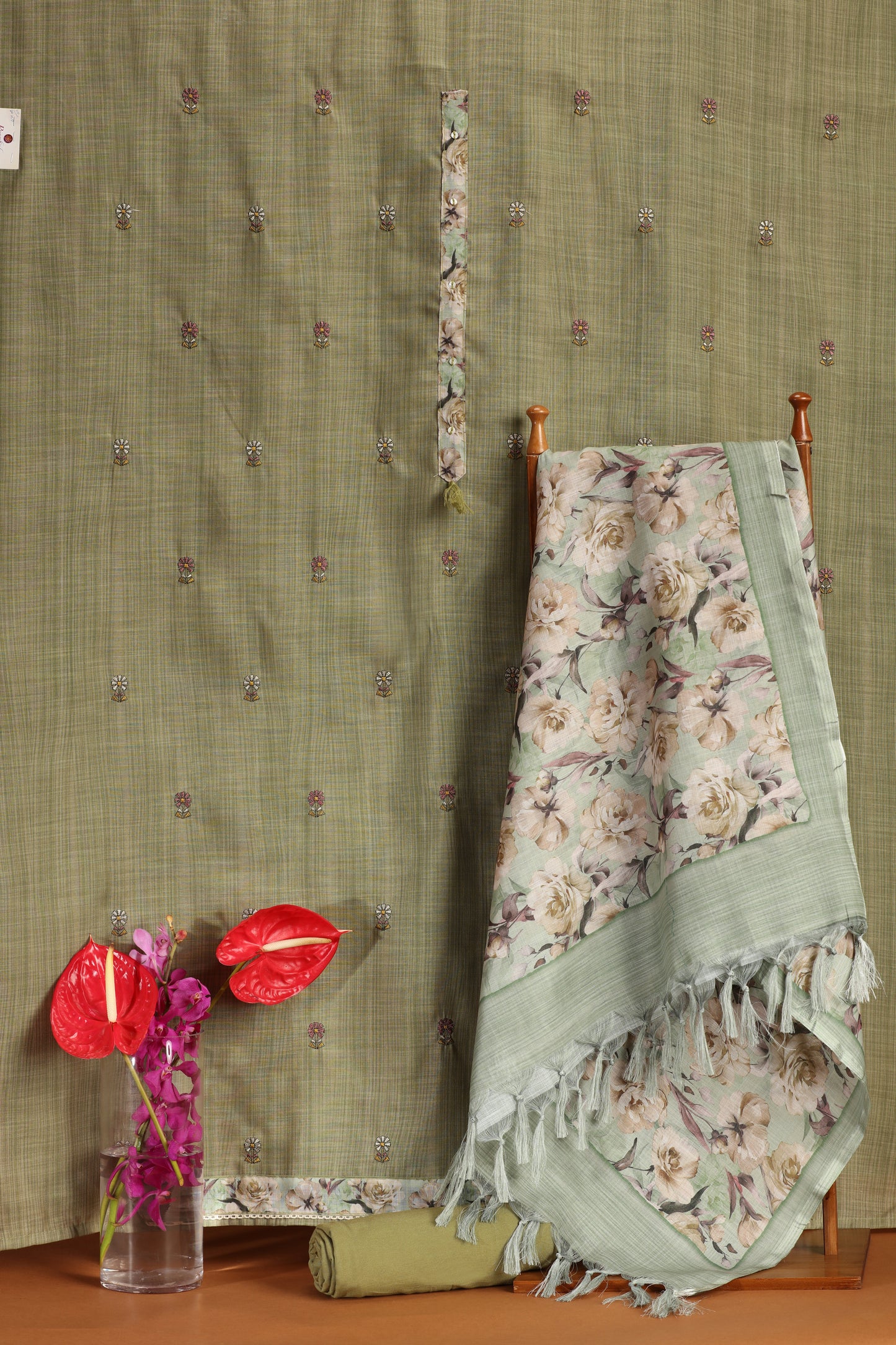 Green Printed Cotton Suit Set with Thread Work