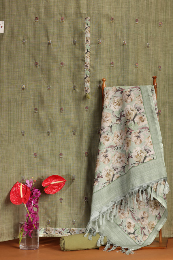 Green Printed Cotton Suit Set with Thread Work