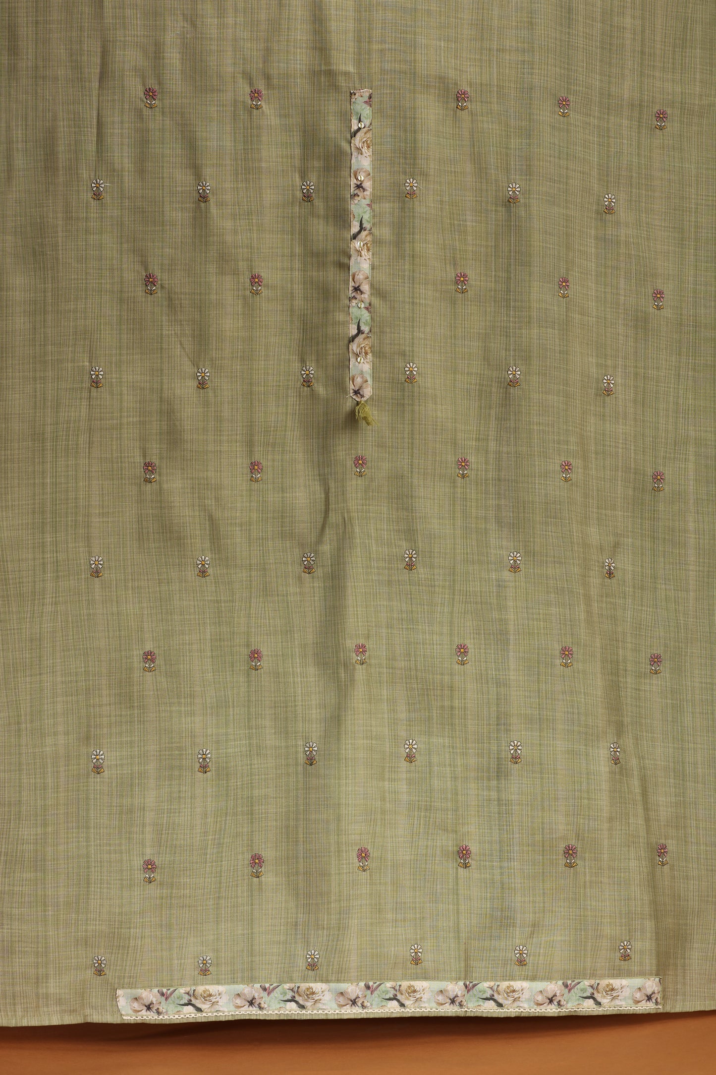 Green Printed Cotton Suit Set with Thread Work
