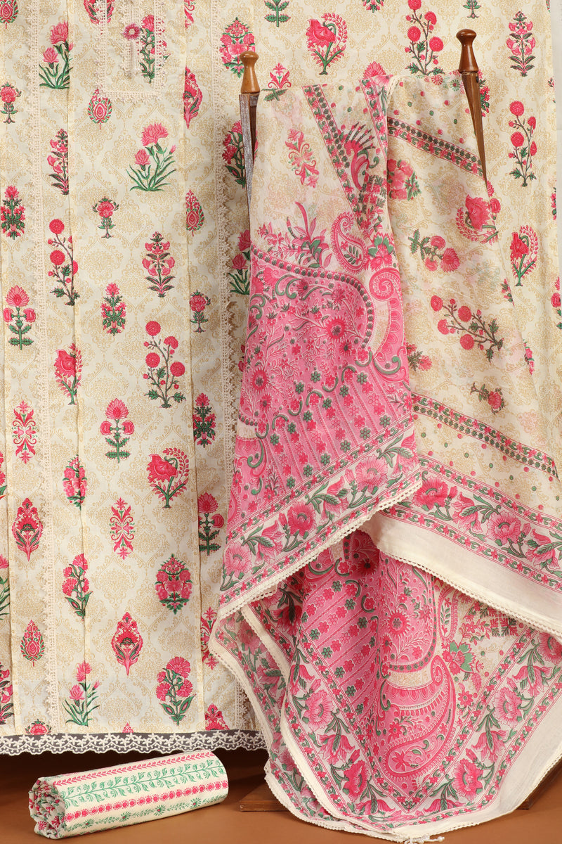 White Printed Kathan Silk Unstitched Dress Material Suit