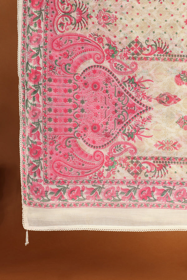 White Printed Kathan Silk Unstitched Dress Material Suit