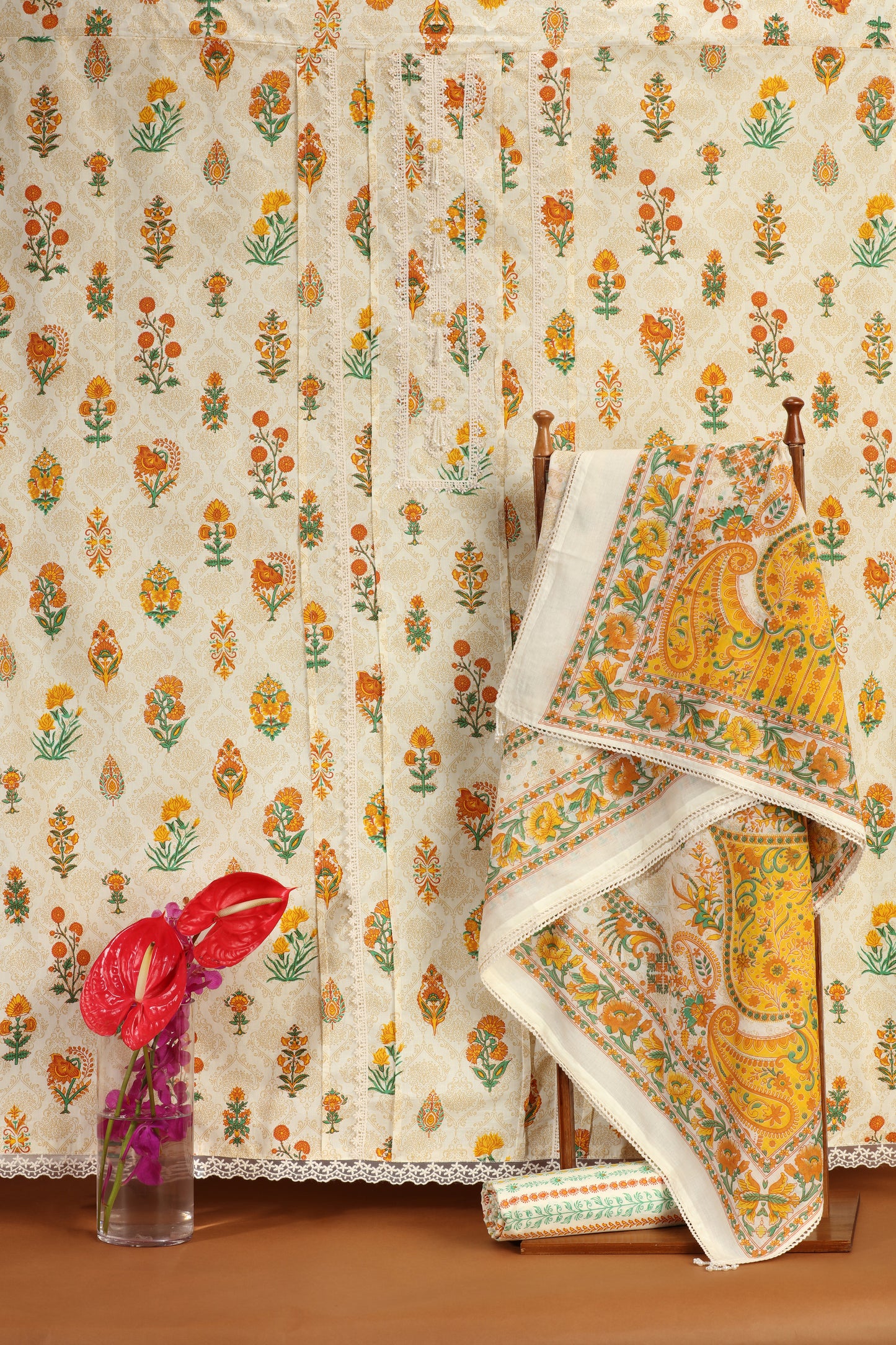 White Printed Kathan Silk Unstitched Dress Material Suit for Women