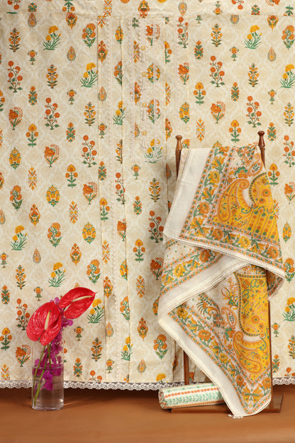 White Printed Kathan Silk Unstitched Dress Material Suit for Women