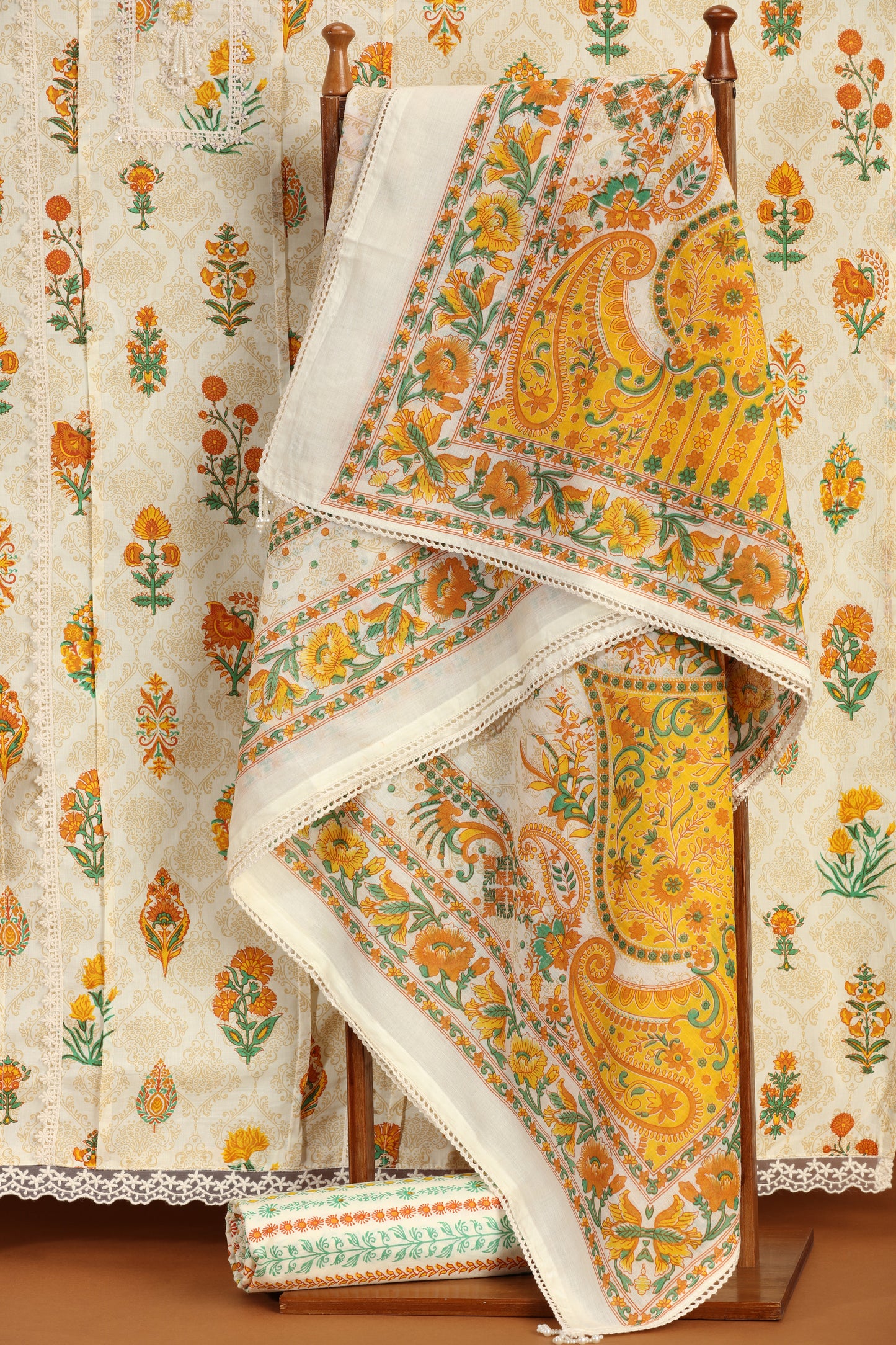 White Printed Kathan Silk Unstitched Dress Material Suit for Women