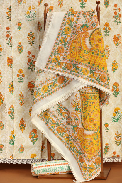White Printed Kathan Silk Unstitched Dress Material Suit for Women
