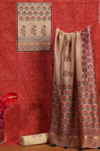 Orange & Beige Printed Cotton-Chanderi Suit Set