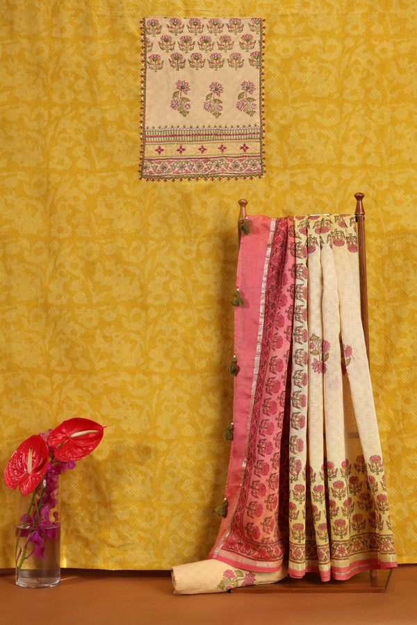 Yellow & Beige Printed Cotton-Chanderi Suit Set