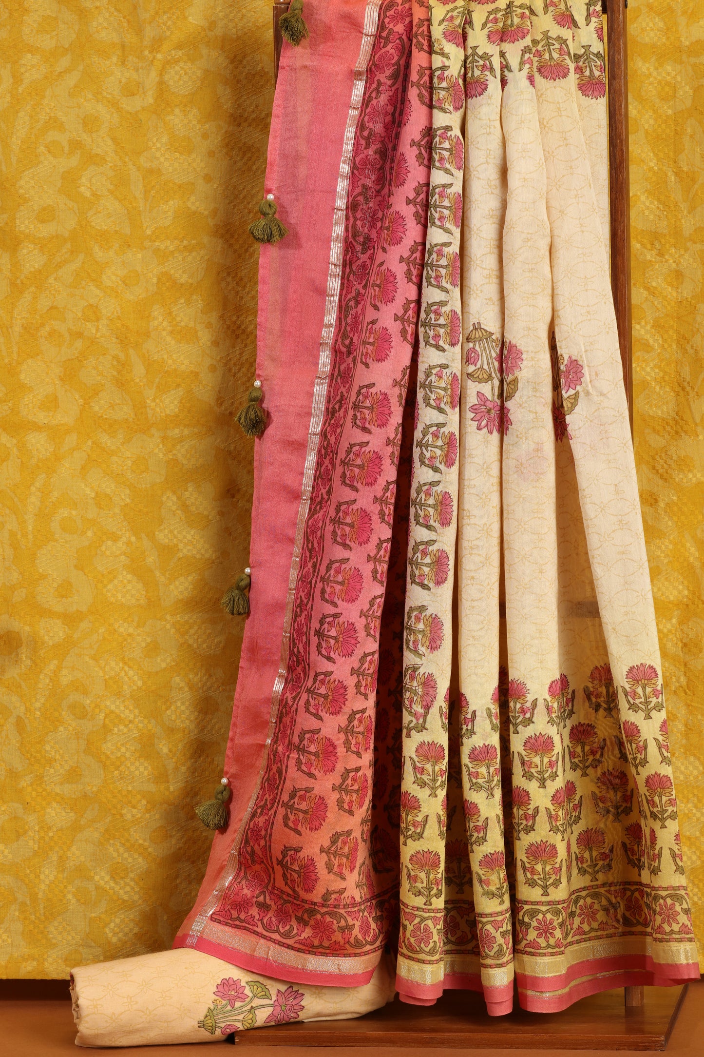 Yellow & Beige Printed Cotton-Chanderi Suit Set