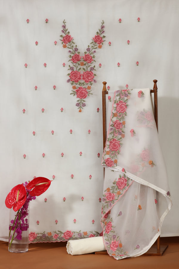 Diamond & Resham Embroidered White Dress Material Suit