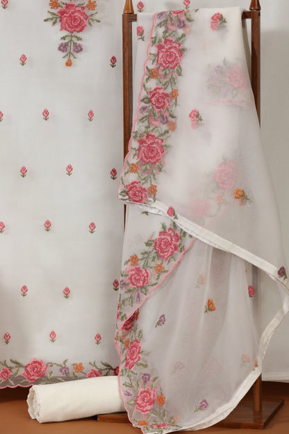 Diamond & Resham Embroidered White Dress Material Suit