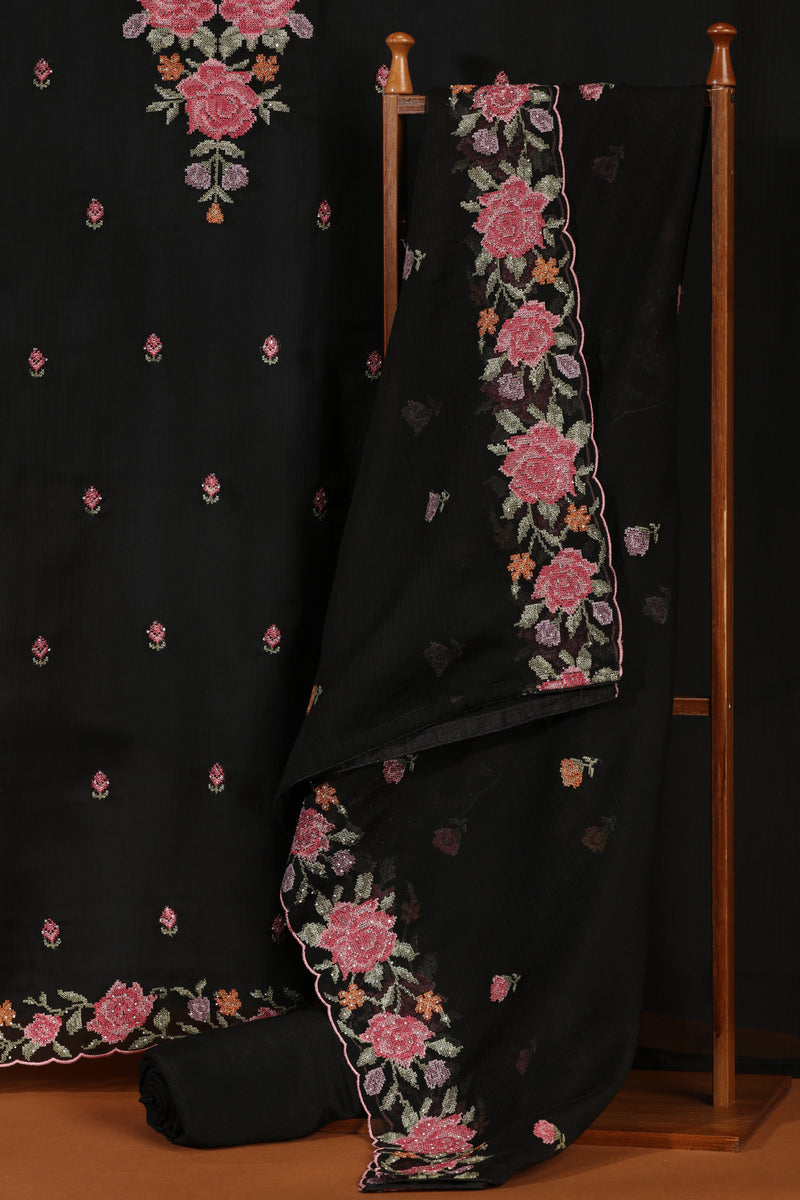 Black Diamond & Resham Embroidered Dress Material Suit