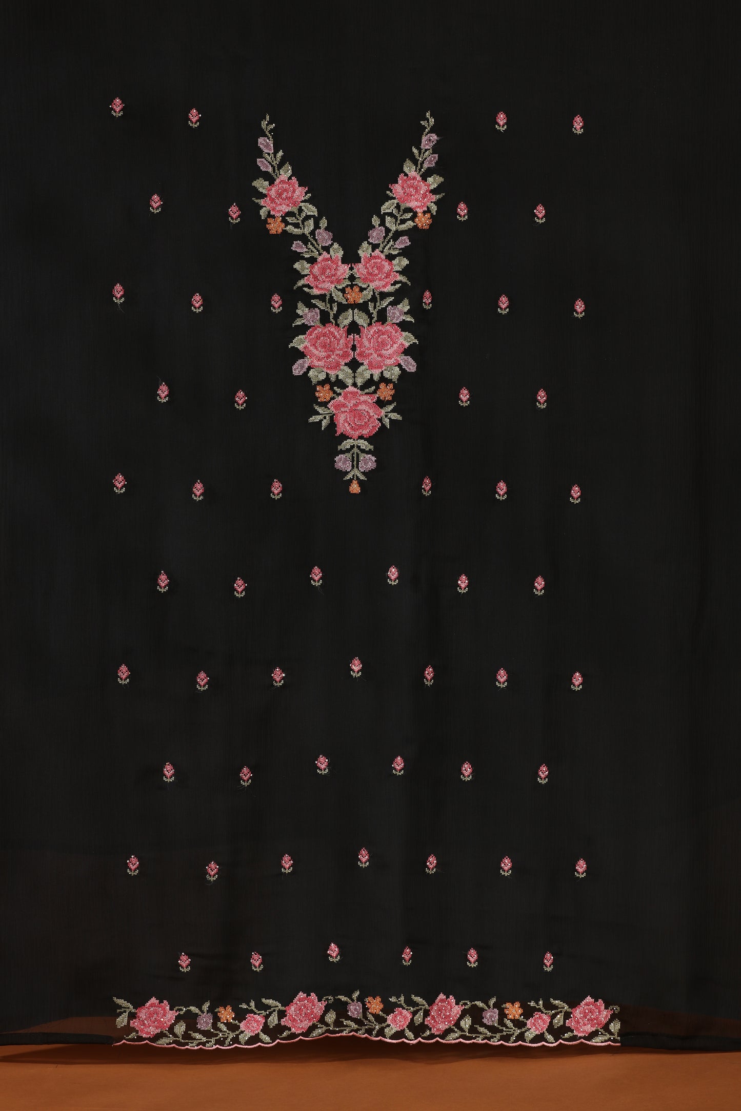Black Diamond & Resham Embroidered Dress Material Suit