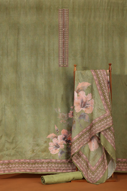 Green Printed Crepe & Kathan Silk Semi-Stitched Dress Material Suit