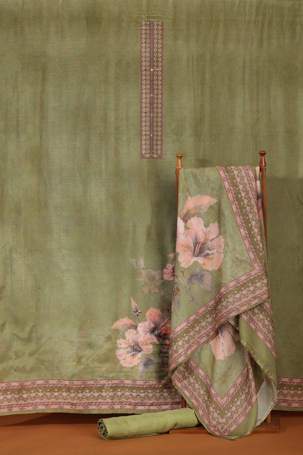 Green Printed Crepe & Kathan Silk Semi-Stitched Dress Material Suit
